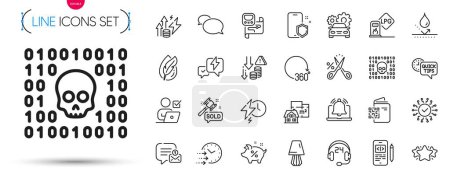 Illustration for Pack of Quick tips, New message and Star line icons. Include Reminder, Messenger, Binary code pictogram icons. Cut tax, Hypoallergenic tested, Lightning bolt signs. 360 degrees. Vector - Royalty Free Image