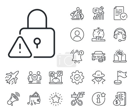 Illustration for Padlock warning sign. Salaryman, gender equality and alert bell outline icons. Lock line icon. Security access symbol. Lock line sign. Spy or profile placeholder icon. Online support, strike. Vector - Royalty Free Image