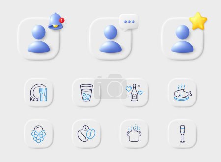 Illustration for Champagne glass, Love champagne and Fish dish line icons. Placeholder with 3d star, reminder bell, chat. Pack of Ice cream, Coffee beans, Ice tea icon. Calories, Cooking hat pictogram. Vector - Royalty Free Image