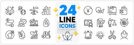 Illustration for Icons set of Vitamin, Analysis graph and Sunrise line icons pack for app with Yen money, Box size, Windmill turbine thin outline icon. Ph neutral, Reminder, Currency rate pictogram. Vector - Royalty Free Image