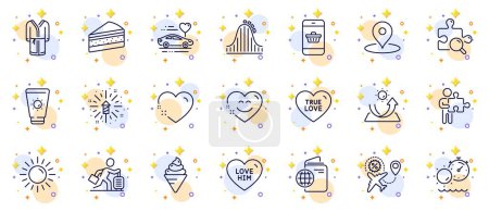 Illustration for Outline set of Heart, Fireworks explosion and Pin line icons for web app. Include Search puzzle, Love him, Tanning time pictogram icons. Travel passport, Puzzle, Travel delay signs. Vector - Royalty Free Image
