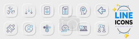 Illustration for Faq, Best friend and Interview line icons for web app. Pack of Left arrow, Technical info, Puzzle pictogram icons. Chemical hazard, Thermometer, Scroll down signs. Time schedule. Vector - Royalty Free Image