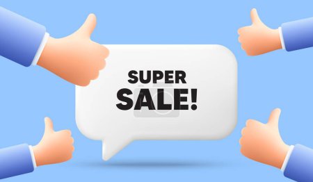 Illustration for Super Sale tag. 3d speech bubble banner with like hands. Special offer price sign. Advertising Discounts symbol. Super sale chat speech message. 3d offer talk box. Vector - Royalty Free Image