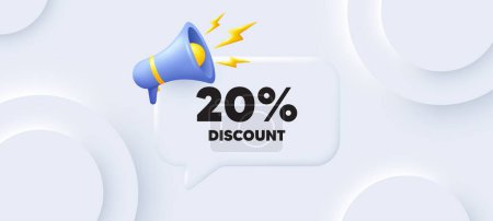 Illustration for 20 percent discount tag. Neumorphic 3d background with speech bubble. Sale offer price sign. Special offer symbol. Discount speech message. Banner with megaphone. Vector - Royalty Free Image