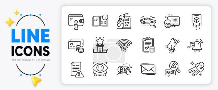 Illustration for Diesel station, Smartphone broken and Keys line icons set for app include Instruction manual, Accounting checklist, Wallet outline thin icon. Augmented reality, Bitcoin mining. Vector - Royalty Free Image