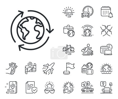 Illustration for International outsourcing sign. Plane jet, travel map and baggage claim outline icons. Global business line icon. Internet marketing symbol. Outsourcing line sign. Vector - Royalty Free Image