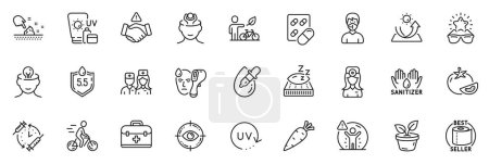 Illustration for Icons pack as Electronic thermometer, Doctor and Eco bike line icons for app include Skin moisture, Social distance, Ph neutral outline thin icon web set. Mattress, Mental health. Vector - Royalty Free Image