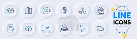 Illustration for Power, Typewriter and Square area line icons for web app. Pack of Return package, Packing boxes, Lighthouse pictogram icons. Buildings, Consolidation, Petrol station signs. Neumorphic buttons. Vector - Royalty Free Image