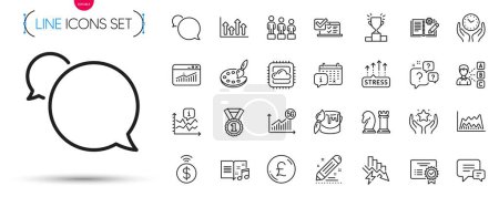 Illustration for Pack of Brush, Ranking and Winner podium line icons. Include Music book, Palette, Online survey pictogram icons. Equality, Opinion, Website statistics signs. Chart, Messenger. Vector - Royalty Free Image