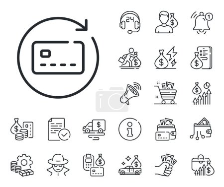 Illustration for Non-cash money sign. Cash money, loan and mortgage outline icons. Renew card line icon. Bank credit card symbol. Renew card line sign. Credit card, crypto wallet icon. Inflation, job salary. Vector - Royalty Free Image