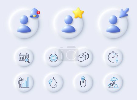 Illustration for Gear, Timer and Swipe up line icons. Placeholder with 3d cursor, bell, star. Pack of Graph chart, Hydroelectricity, Medical calendar icon. Risk management, Dice pictogram. Vector - Royalty Free Image