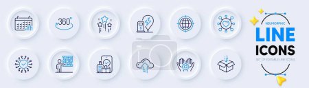 Illustration for Stars, Cloud upload and Seo internet line icons for web app. Pack of Dating, Security network, Get box pictogram icons. Full rotation, Business skill, Employee hand signs. Neumorphic buttons. Vector - Royalty Free Image