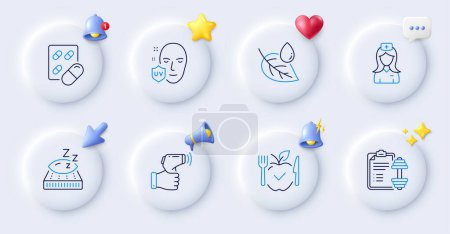 Illustration for Dumbbell, Vegetarian food and Electronic thermometer line icons. Buttons with 3d bell, chat speech, cursor. Pack of Leaf dew, Uv protection, Hospital nurse icon. Vector - Royalty Free Image