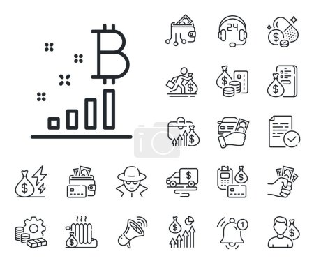 Illustration for Cryptocurrency analytics sign. Cash money, loan and mortgage outline icons. Bitcoin graph line icon. Crypto money symbol. Bitcoin graph line sign. Credit card, crypto wallet icon. Vector - Royalty Free Image