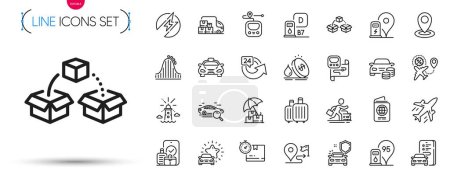 Illustration for Pack of Cardboard box, Car review and Car secure line icons. Include Journey, Carry-on baggage, Plane pictogram icons. Parcel shipping, Passport, Taxi signs. Delivery insurance. Vector - Royalty Free Image
