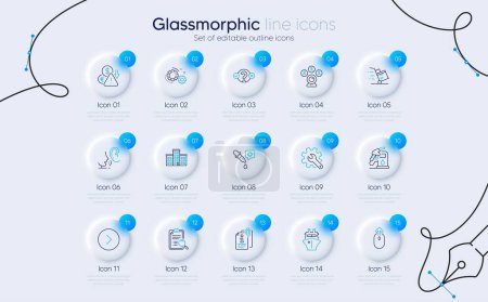 Illustration for Set of Customisation, Ship and Delivery cart line icons for web app. Chemistry pipette, Search analysis, Deflation icons. Video conference, Whisper, Forward signs. Gears, Attached info. Vector - Royalty Free Image