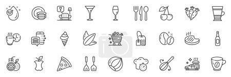 Illustration for Icons pack as Organic waste, Cherry and Cooking whisk line icons for app include Tea bag, Sunflower seed, Wineglass outline thin icon web set. Coffee beans, Hazelnut, Water drop pictogram. Vector - Royalty Free Image
