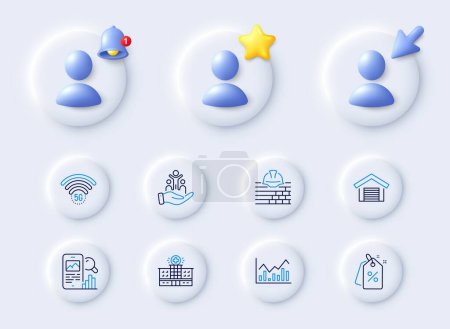 Illustration for 5g wifi, Parking garage and Build line icons. Placeholder with 3d cursor, bell, star. Pack of Hospital building, Phone search, Discount tags icon. Infochart, Inclusion pictogram. Vector - Royalty Free Image