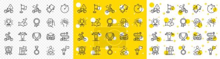 Illustration for Outline Timer, Cardio training and Winner cup line icons pack for web with Flags, Flag, Success line icon. Dumbbells workout, Medal, Delivery bike pictogram icon. Empower, Cyclist, Winner. Vector - Royalty Free Image