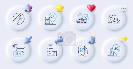 Illustration for Petrol station, Flight mode and Electric energy line icons. Buttons with 3d bell, chat speech, cursor. Pack of Inventory checklist, Gas station, Exhaust icon. Battery, Electric bike pictogram. Vector - Royalty Free Image