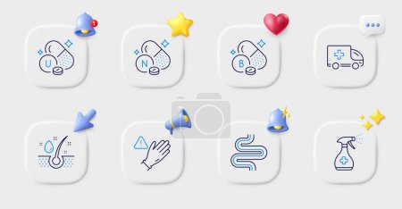 Illustration for Boron mineral, Vitamin u and Serum oil line icons. Buttons with 3d bell, chat speech, cursor. Pack of Intestine, Vitamin n, Ambulance emergency icon. Use gloves, Medical cleaning pictogram. Vector - Royalty Free Image