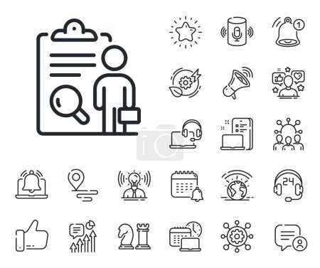 Illustration for Quality research sign. Place location, technology and smart speaker outline icons. Inspect line icon. Verification review list symbol. Inspect line sign. Influencer, brand ambassador icon. Vector - Royalty Free Image