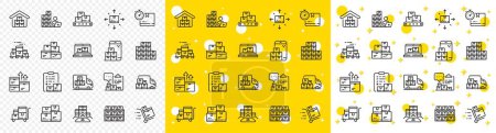 Illustration for Warehouse manager, Wholesale stock, Goods checklist. Inventory line icons. Delivery logistic, Box shelf, Warehouse distribution outline icons. Wholesale freight, Storage and Inventory operator. Vector - Royalty Free Image