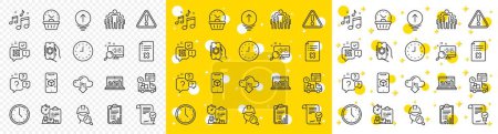 Illustration for Outline Qr code, Cloud download and Clock line icons pack for web with Question bubbles, Approved agreement, Delivery line icon. Security app, Swipe up, Inspect pictogram icon. Vector - Royalty Free Image