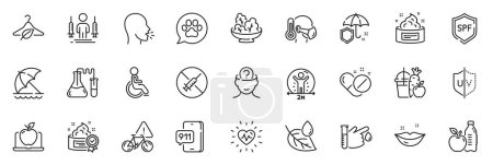 Illustration for Icons pack as Skin cream, Leaf dew and Pets care line icons for app include Emergency call, Medical pills, Cough outline thin icon web set. Umbrella, Spf protection, Salad pictogram. Vector - Royalty Free Image