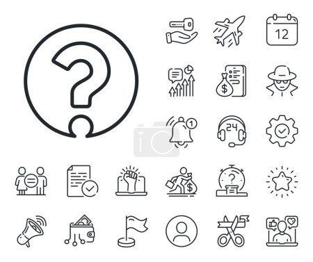Illustration for Support help sign. Salaryman, gender equality and alert bell outline icons. Question mark line icon. FAQ symbol. Question mark line sign. Spy or profile placeholder icon. Vector - Royalty Free Image