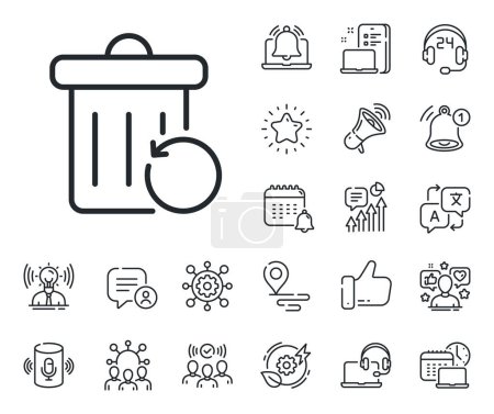 Illustration for Backup data sign. Place location, technology and smart speaker outline icons. Recovery trash bin line icon. Restore information symbol. Recovery trash line sign. Vector - Royalty Free Image