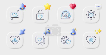 Illustration for Be good, Wedding locker and Friends world line icons. Buttons with 3d bell, chat speech, cursor. Pack of Dating network, Lgbt, Love letter icon. Heart, Miss you pictogram. Vector - Royalty Free Image