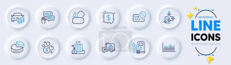 Illustration for Money diagram, Card and Graph chart line icons for web app. Pack of Tickets, Buy car, Launder money pictogram icons. Radiator, Block diagram, Payment message signs. Pie chart, Fuel price. Vector - Royalty Free Image