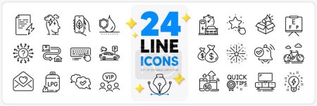 Illustration for Icons set of Ranking star, Stress and Waterproof line icons pack for app with Approved, Love letter, Gas cylinder thin outline icon. Vision board, Computer keyboard, Inspiration pictogram. Vector - Royalty Free Image