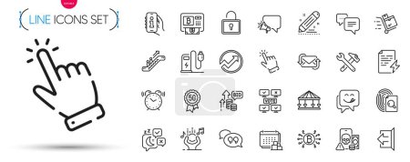 Illustration for Pack of Dots message, Delivery and Bitcoin atm line icons. Include Refresh mail, Alarm clock, Info app pictogram icons. Inventory cart, Online voting, Inspect signs. Bitcoin system. Vector - Royalty Free Image