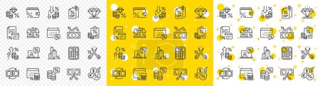 Illustration for Mortgage rate, Money credit and finance payroll set. Tax line icons. Increase percent rate, return overpayment money, tax amount line icons. Jewel value, cut finance and tax evasion. Vector - Royalty Free Image