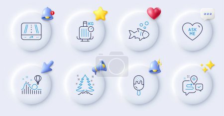 Illustration for Journey, Gps and Roller coaster line icons. Buttons with 3d bell, chat speech, cursor. Pack of Baggage scales, Fish, Ask me icon. Ice cream, Christmas tree pictogram. For web app, printing. Vector - Royalty Free Image