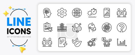 Illustration for Tanning time, Vitamin c and Power certificate line icons set for app include Discrimination, Checklist, Teamwork outline thin icon. Coronavirus spray, Graph phone, Dot plot pictogram icon. Vector - Royalty Free Image