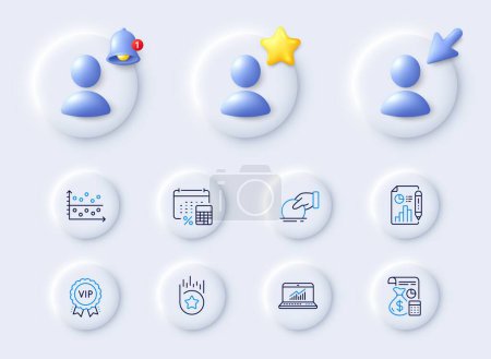 Illustration for Report document, Vip award and Accounting line icons. Placeholder with 3d cursor, bell, star. Pack of Donate, Loyalty star, Annual tax icon. Dot plot, Online statistics pictogram. Vector - Royalty Free Image