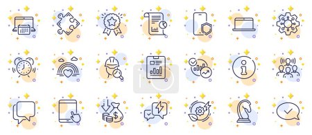 Illustration for Outline set of Talk bubble, Info and Statistics line icons for web app. Include Phone protect, Marketing strategy, Green energy pictogram icons. Tablet pc, Strategy, Report document signs. Vector - Royalty Free Image
