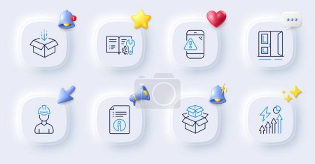 Illustration for Open door, Packing boxes and Get box line icons. Buttons with 3d bell, chat speech, cursor. Pack of Electricity consumption, Engineering documentation, Warning message icon. Vector - Royalty Free Image
