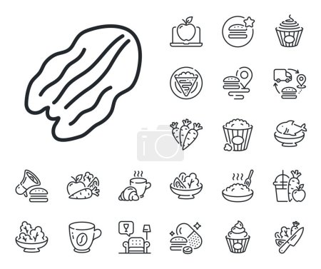 Illustration for Tasty protein sign. Crepe, sweet popcorn and salad outline icons. Pecan nut line icon. Vegan food symbol. Pecan nut line sign. Pasta spaghetti, fresh juice icon. Supply chain. Vector - Royalty Free Image