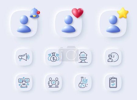 Illustration for Chemistry lab, Check investment and Discrimination line icons. Placeholder with 3d bell, star, heart. Pack of Megaphone, Social media, Working hours icon. Home grill, Checklist pictogram. Vector - Royalty Free Image