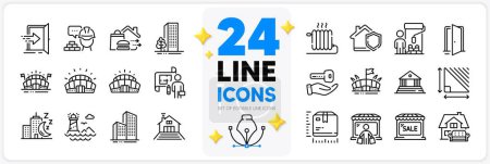 Illustration for Icons set of Package size, Buying house and Plan line icons pack for app with Night city, Food delivery, Furniture moving thin outline icon. Open door, Radiator, Market buyer pictogram. Vector - Royalty Free Image