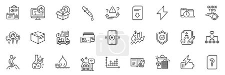 Illustration for Icons pack as Unknown file, Wireless charging and Return package line icons for app include Rise price, Battery, Chemistry pipette outline thin icon web set. Like, Office box. Vector - Royalty Free Image