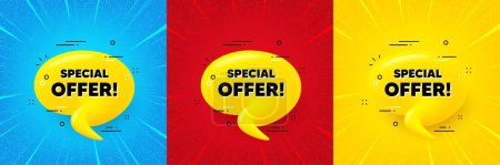 Illustration for Special offer 3d bubble banner. Sunburst offer banner, flyer or poster. Realistic yellow chat message. Offer tag icon. Special offer promo event banner. Starburst pop art coupon. Special deal. Vector - Royalty Free Image