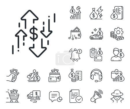 Illustration for Currency exchange sign. Cash money, loan and mortgage outline icons. Dollar rates line icon. Money trade symbol. Dollar rate line sign. Credit card, crypto wallet icon. Inflation, job salary. Vector - Royalty Free Image