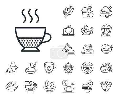 Illustration for Hot drink sign. Crepe, sweet popcorn and salad outline icons. Doppio coffee icon. Beverage symbol. Doppio line sign. Pasta spaghetti, fresh juice icon. Supply chain. Vector - Royalty Free Image