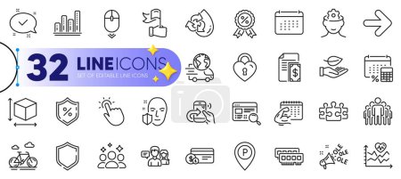 Illustration for Outline set of Puzzle, Annual tax and Box size line icons for web with Website search, Cardio training, Leaf thin icon. Squad, Leadership, Parking pictogram icon. Fitness calendar, Group. Vector - Royalty Free Image