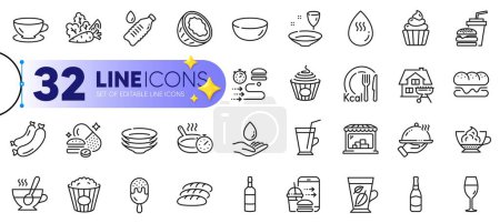 Illustration for Outline set of Hamburger, Pasta and Espresso line icons for web with Water care, Food delivery, Overeating pills thin icon. Cupcake, Food order, Brandy bottle pictogram icon. Ice cream. Vector - Royalty Free Image